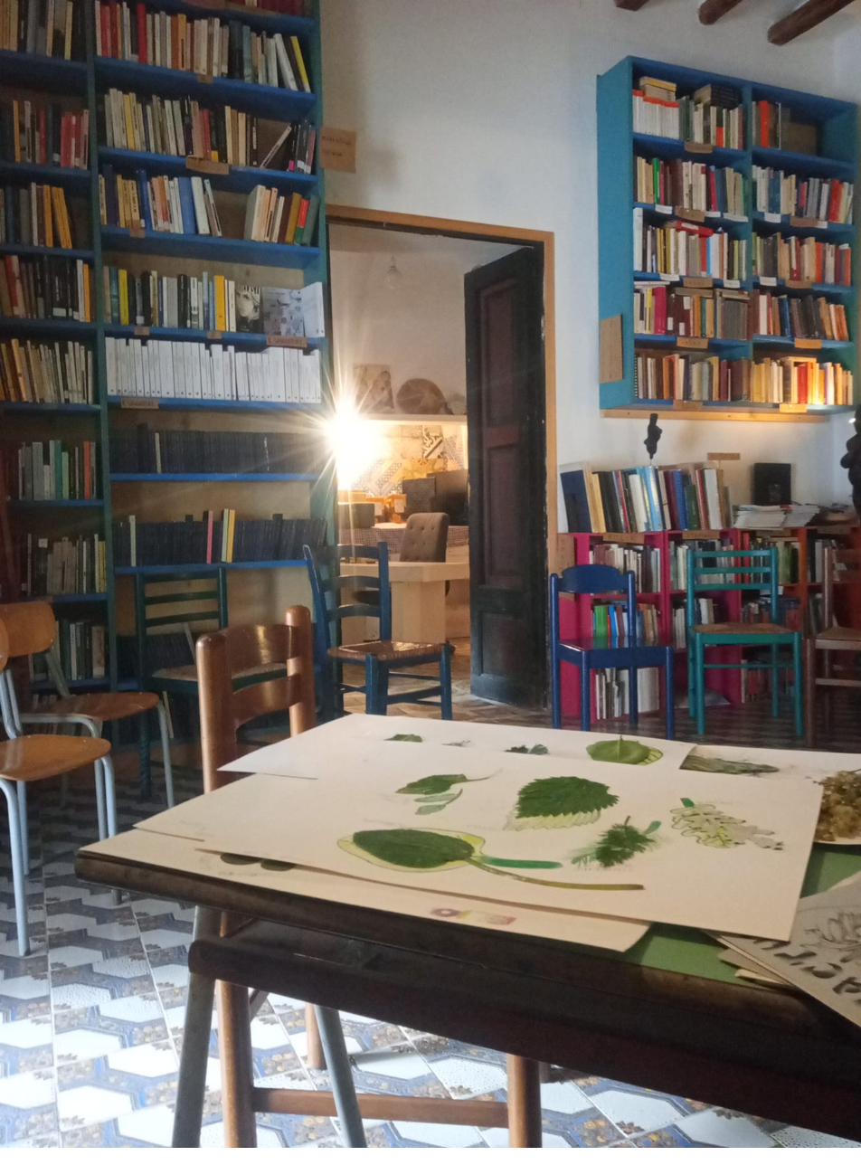 Volontarie e volontari al lavoro nella biblioteca di Stromboli